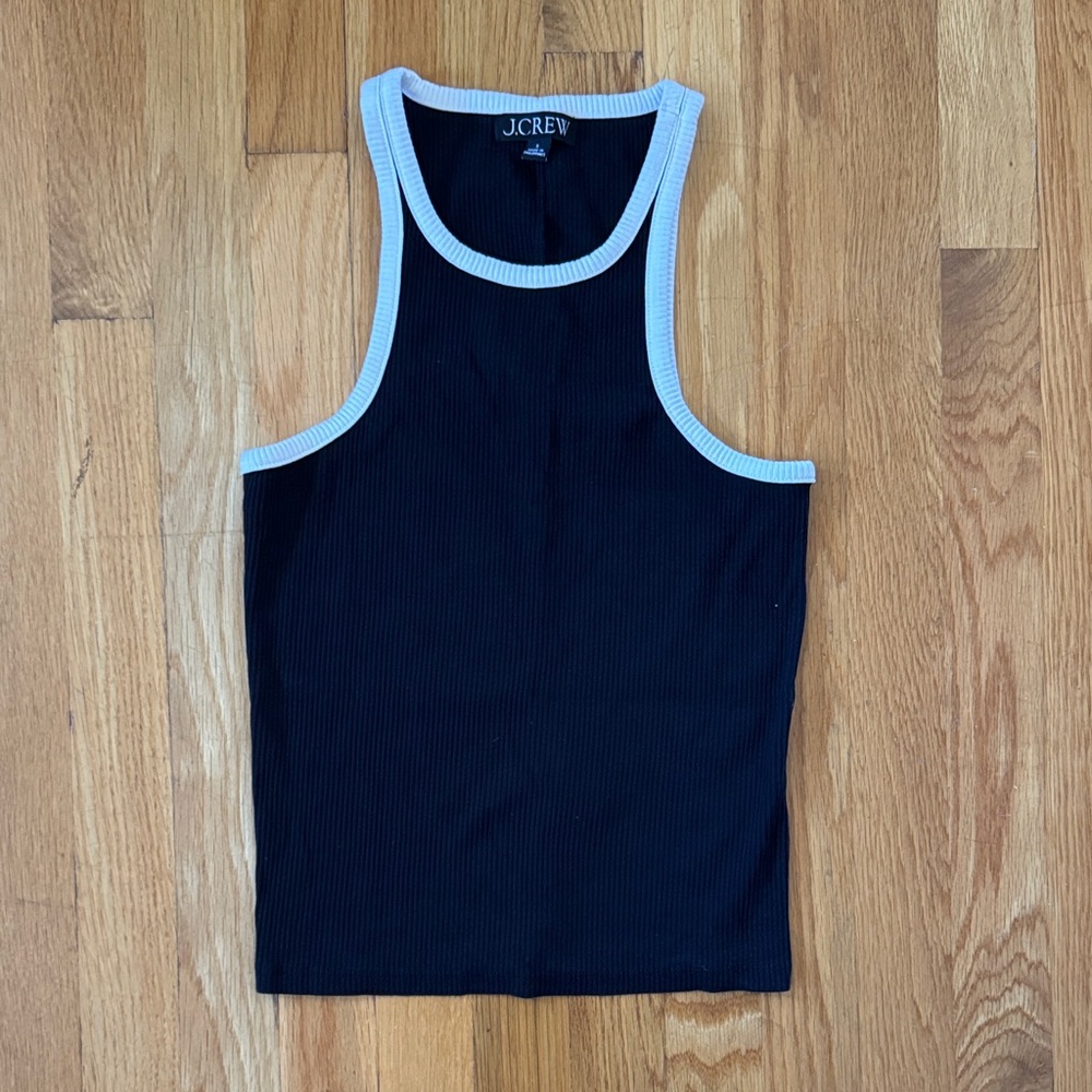 J. Crew High Neck Black Ribbed Tank with White Detail
